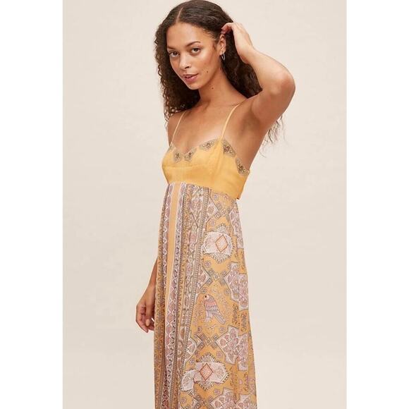 Anthropologie Calida Maxi Dress Size 4P Dark Yellow Print Festival Boho Vacation - Picture 2 of 14
